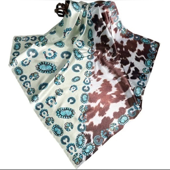 1x SIDED THIN Turquoise Brown cow animal western theme MINI wrist ascot SCARF - Picture 2 of 4